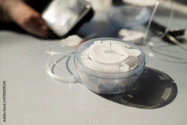 Fototapeta Close-up of diabetes infusion set cartridge and introducer needle in plastic container