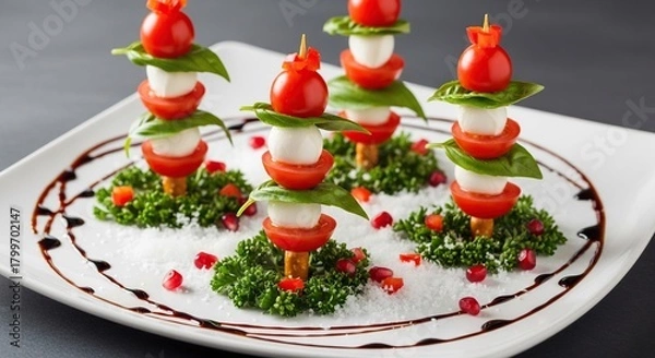Obraz Festive caprese skewers shaped like christmas trees with balsamic glaze and pomegranate seeds on a white platter