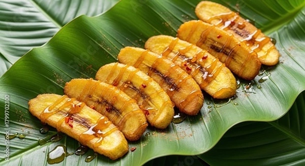 Obraz Delicious grilled plantain halves arranged diagonally on a large vibrant green tropical leaf showcasing a healthy and sweet tropical fruit dessert or snack