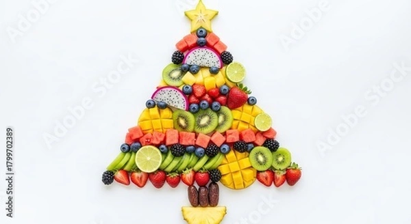 Fototapeta Festive christmas tree shaped fruit platter arrangement with a variety of fresh colorful fruits on a white background
