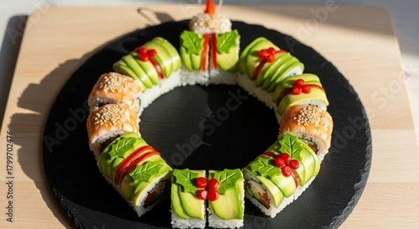 Fototapeta Festive christmas sushi wreath made with fresh ingredients and arranged in a circular shape for a holiday celebration