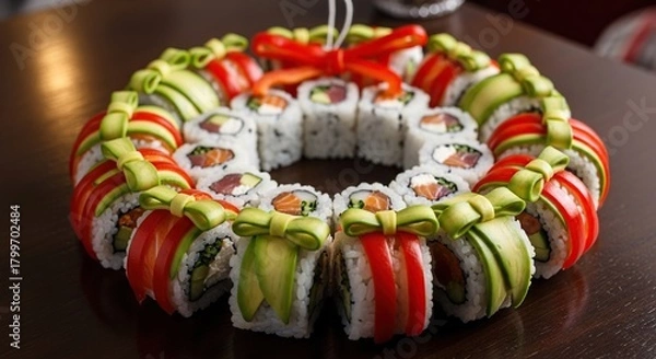 Obraz Festive christmas wreath made of sushi rolls decorated with red and green ingredients and a red bow for a holiday celebration