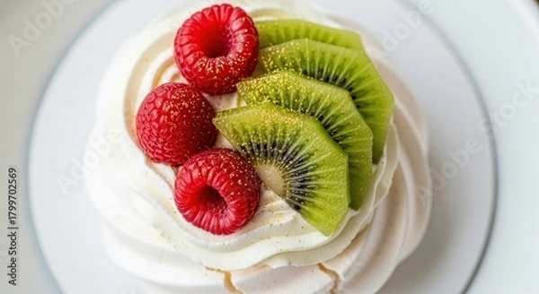 Fototapeta Close up overhead view of a delicate white meringue pavlova dessert topped with fresh bright red raspberries and vibrant green sliced kiwi fruit
