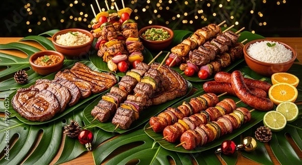 Obraz Abundant brazilian churrasco barbecue feast featuring various grilled meats skewers sausages and sides served on tropical leaves with festive bokeh lights in the background
