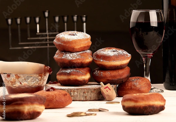 Obraz donuts with jam, shell, eggs, wine, dreidel, coins, chanukiah on a white table and black background