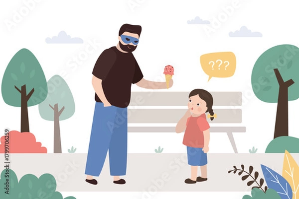Fototapeta Danger and risk outside, little girl talking with stranger on playground. Kidnapper or pedophile, dangerous man in mask. Anonymous offers child ice cream,
