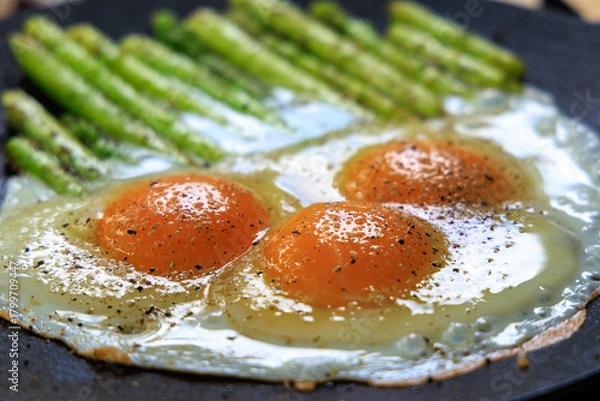 Fototapeta キャンプで目玉焼きとアスパラガスの朝食