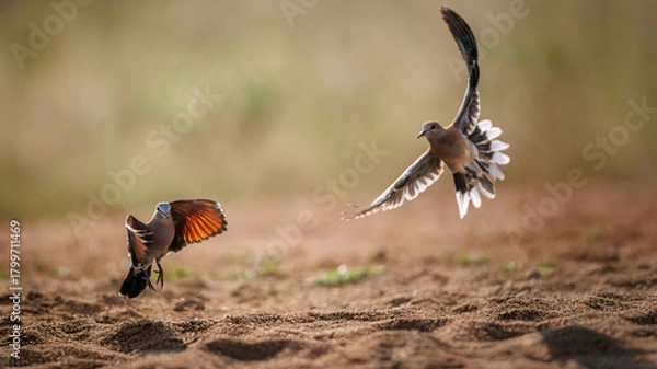 Fototapeta Namaqua Dove female and laughing dove in flight front view in Greater Kruger National park, South Africa ; Specie Oena capensis family of Oena capensis