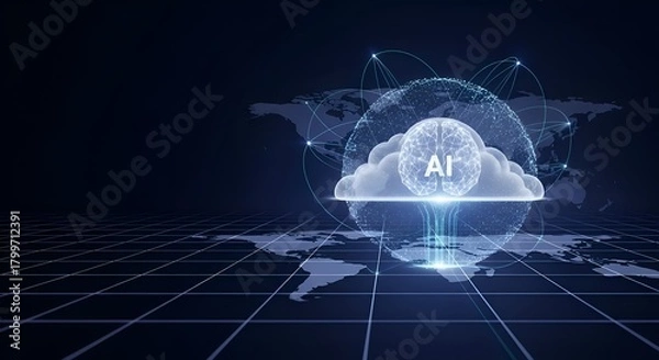 Fototapeta Artificial Intelligence Brain in Cloud with Global Network Connection