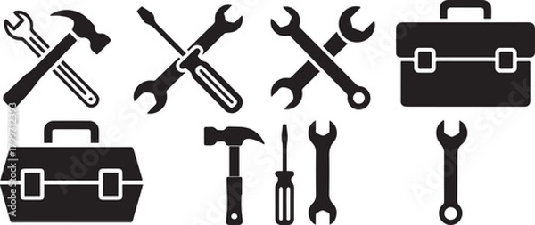 Obraz A collection of tool icons including wrenches, hammers, screwdrivers, and toolboxes