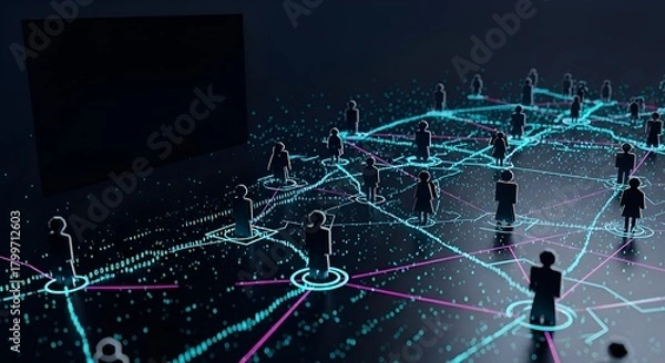Fototapeta Abstract Digital Network with Interconnected Person Figures and Glowing Data