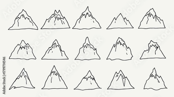 Obraz A collection of simple hand-drawn mountain range illustrations presented on a clean white background