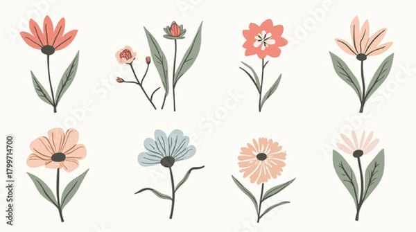 Fototapeta Stylized graphic designs featuring various blossoms in a whimsical and modern aesthetic