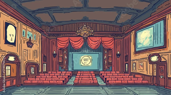 Obraz A charming vintage movie house interior with an illuminated screen and plush seating.