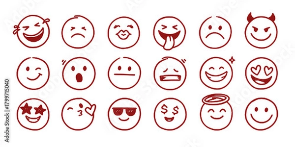 Fototapeta Face emoji icon set. Hand drawn doodle sketch style happy, angry, sad mood face emoticon background. Funny cartoon characters smile, wink, kiss emoji. Cute circle emotion element. Vector illustration