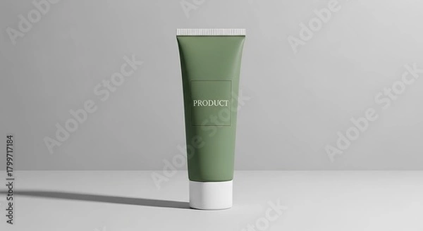 Fototapeta Minimalist olive green tube container on a white surface against light gray background showcasing creative presentation.