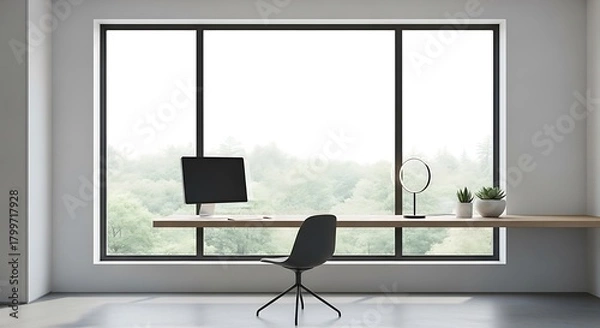 Fototapeta Modern minimalist workspace with large window, computer, desk, chair, and nature view for productivity and serene working environment.