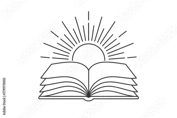 Fototapeta Open book illuminated by sun rays, symbolic of knowledge and inspiration, line art