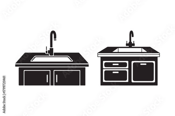 Fototapeta Two black silhouette kitchen sinks with cabinets and faucets