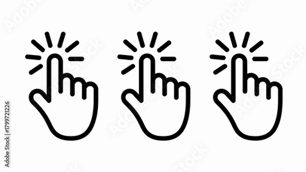 Obraz Three black finger click hand gestures with radiating lines on a white background