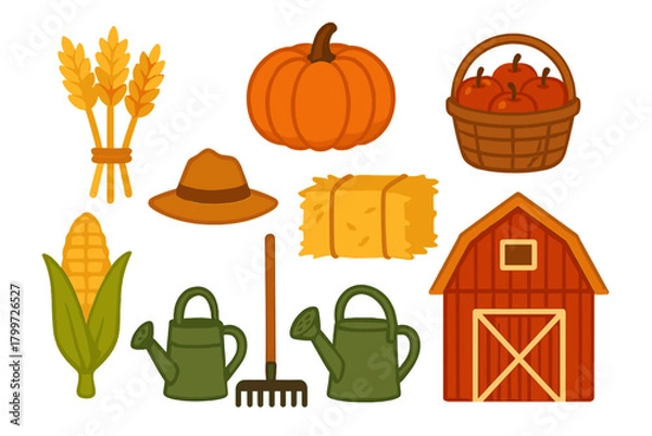 Obraz Set of agricultural and seasonal harvest objects including pumpkin, corn, wheat, and barn