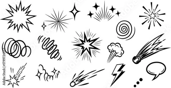 Fototapeta Collection of hand drawn comic book style explosion and starburst graphic elements on white background
