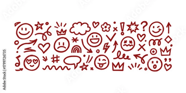 Fototapeta Smile brush hand drawn vector element set. Emoji fun face, heart, crown symbol crayon texture marker background kid sketch style hand drawn element. Color smiley face, arrow. Vector illustration