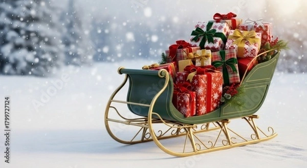 Fototapeta Sleigh full of christmas presents in a snowy landscape with blurred trees in background