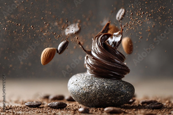 Fototapeta Dark chocolate swirls artfully atop a natural stone surrounded by dynamic splashes of coffee beans almonds and rich cocoa powder capturing a moment of gourmet delight