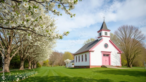 Fototapeta Charming church surrounded by blooming trees and lush green grass, creating serene and peaceful atmosphere