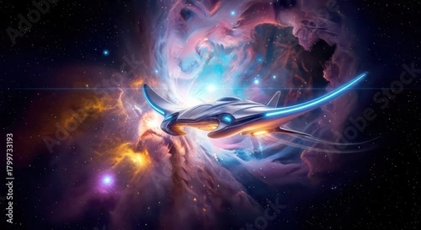 Fototapeta A futuristic spacecraft gracefully navigates through a vibrant nebula, showcasing advanced technology.