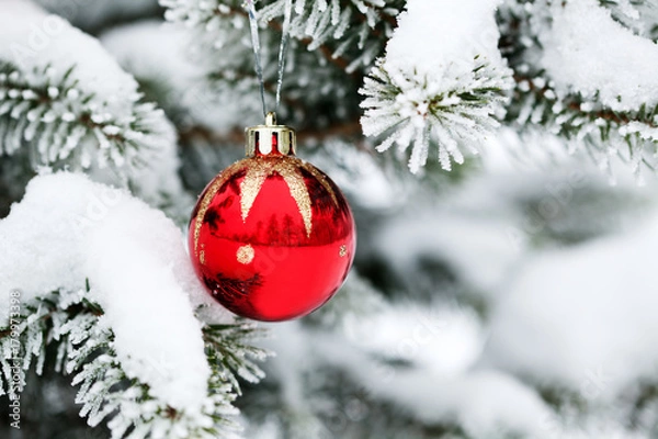 Obraz Новогодний шар висит на зимней елке.
