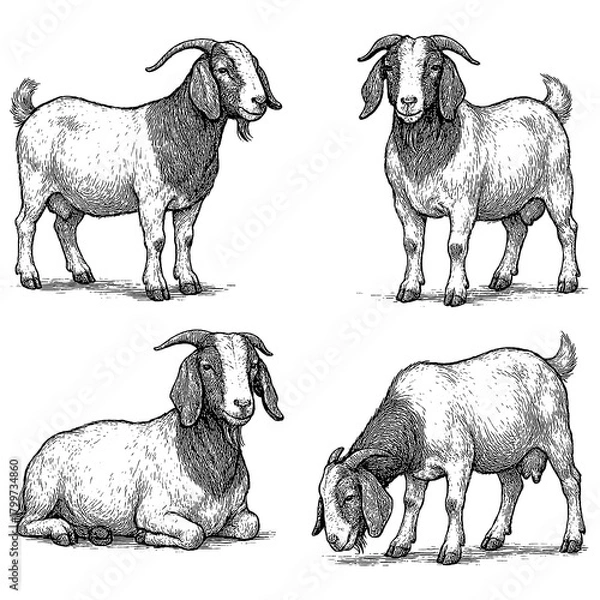 Obraz Boer Goat Poses in Vintage Engraving Style, Transparent Background