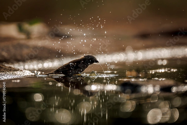 Obraz Southern Grey-headed Sparrow backlit bathing and splashing in waterhole  in Greater Kruger National park, South Africa ; Specie family Passer diffusus of Passeridae