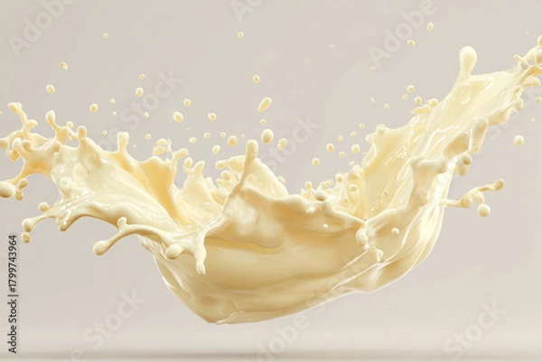Fototapeta Dynamic creamy liquid splash with many flying droplets on a smooth light background
