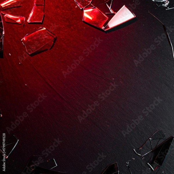 Obraz Shattered glass pieces illuminated with red light on dark textured background