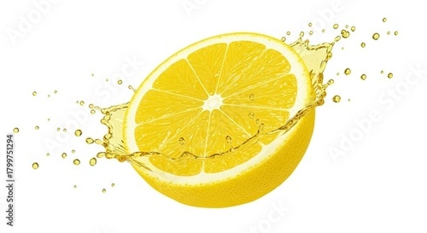 Fototapeta Half lemon fruit with juice splash isolated on white background a refreshing image