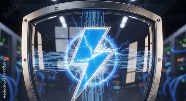 Obraz Digital shield with a bright blue lightning bolt symbol, representing cybersecurity, data protection, and network security