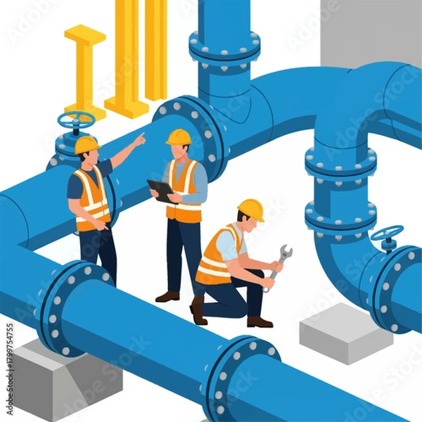 Fototapeta Isometric view of an industrial maintenance team diligently working on a large blue pipeline system, performing inspections and repairs on vital infrastructure