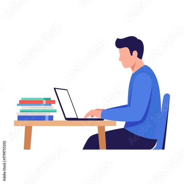 Fototapeta Young man working or studying on a laptop at his desk with a stack of books, flat style vector illustration for e-learning or remote work concept