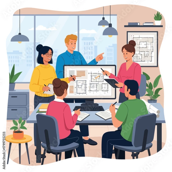 Fototapeta Diverse team of skilled professionals actively collaborating on innovative architectural designs and strategic project development in a modern, engaging office setting