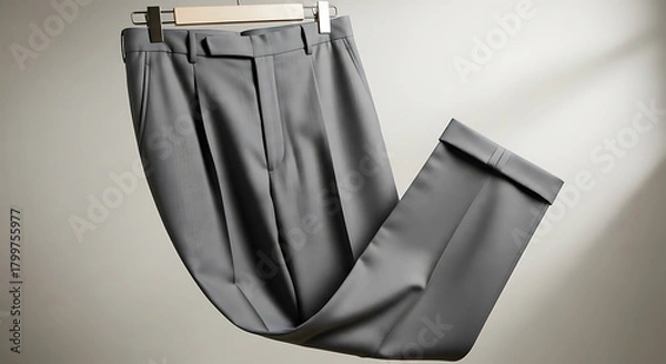 Obraz A pair of gray dress pants hangs on a wooden hanger, neatly folded and creased, showcasing professional attire and formal wear