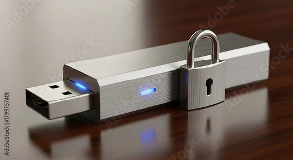 Obraz A secure usb flash drive with a padlock, symbolizing data protection and digital security