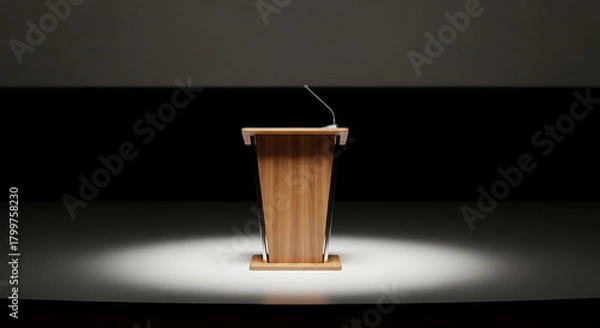 Obraz A wooden podium with a microphone stands on a stage, illuminated by a spotlight, symbolizing public speaking, presentation, and debate
