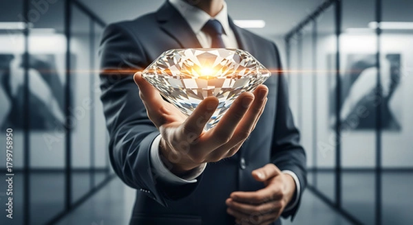 Obraz A businessman in a suit holding a large, sparkling diamond in his palm, representing wealth, luxury, and investment