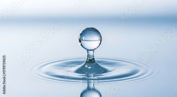 Obraz A perfect water drop creating ripples on a calm, blue surface, capturing a moment of purity and tranquility