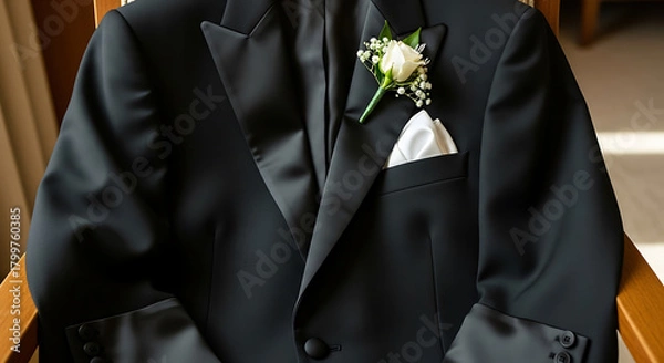 Obraz A classic black tuxedo jacket with a white rose boutonniere and pocket square, neatly arranged on a wooden chair, ready for a formal event