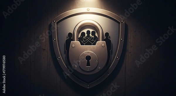 Obraz Stylized shield emblem with a padlock and silhouettes of people inside, representing security, protection, and data privacy in a digital age