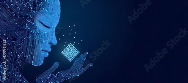 Obraz Futuristic ai concept featuring a circuit board woman holding a glowing cube against a dark blue background for technology designs