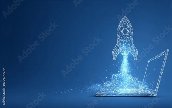 Obraz Digital rocket launching from a laptop screen symbolizing startup success innovation and technological advancement on a blue background